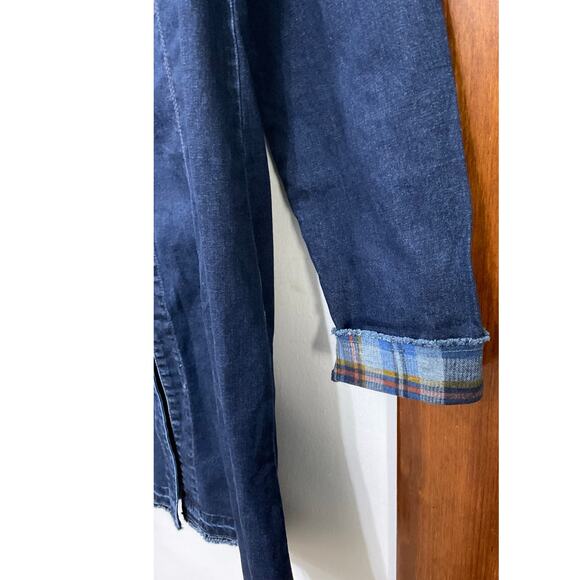 ETHYL Womens Denim Blue Open Front Jacket Plaid Raw Hem Duster Sz Large Pockets - Picture 5 of 7